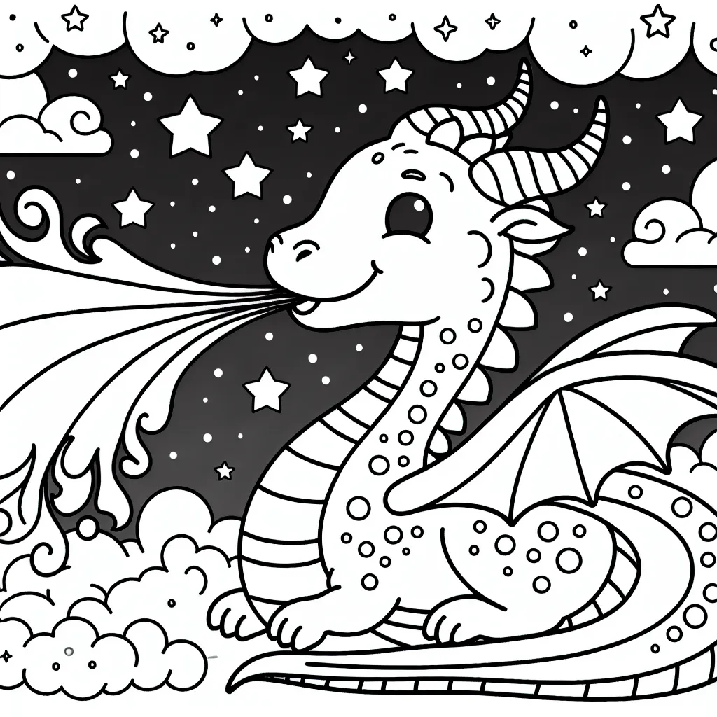Un dragon amical expirant du feu de couleur arc-en-ciel sous un ciel étoilé