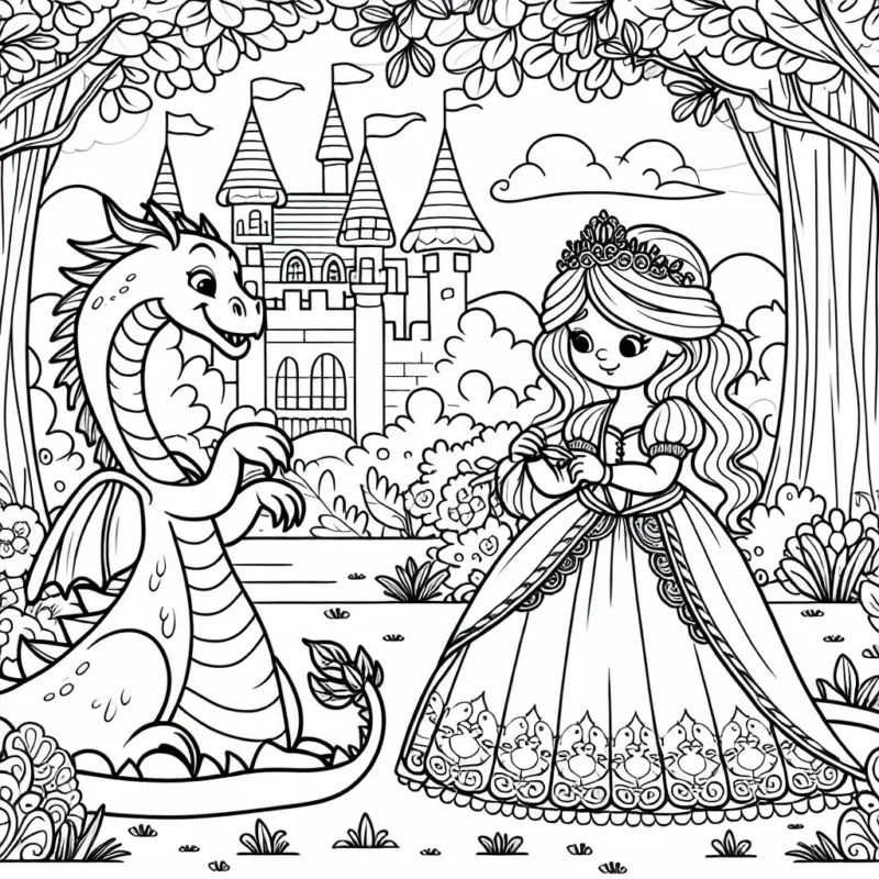 Une scène féerique avec une princesse et un dragon doux dans un jardin enchanté