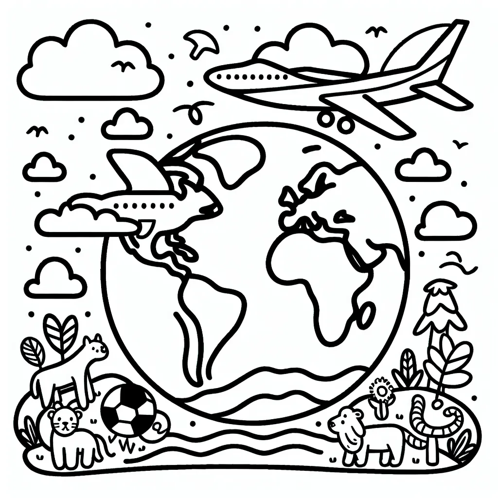 Un avion survolant le Monde avec les nuages et de nombreux animaux terrestres et oiseaux autour