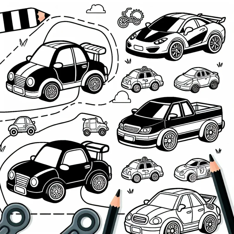 Dessine une scène avec des voitures de différentes marques célèbres. Chaque voiture devra avoir le logo de sa marque visible.