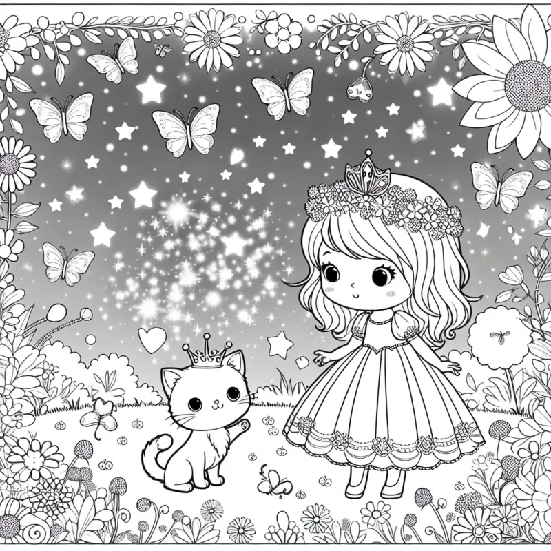 Une petite fille avec une robe de princesse est en train de jouer avec son chaton pourpre dans un jardin magique plein de fleurs étincelantes et de papillons lumineux.