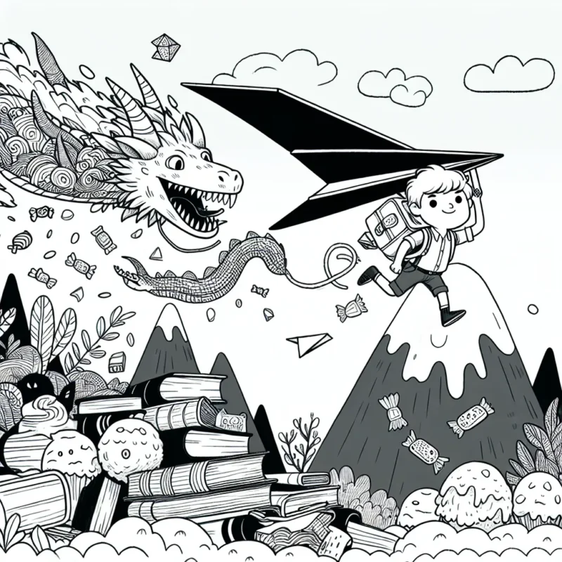 Un jeune garçon courageux vole dans le ciel avec son avion en papier géant, chargé de livres, descendant une montagne de glaces et de sucreries pour sauver son animal en peluche préféré des griffes d'un méchant dragon cracheur de feu, enfoui profondément dans la jungle menaçante.