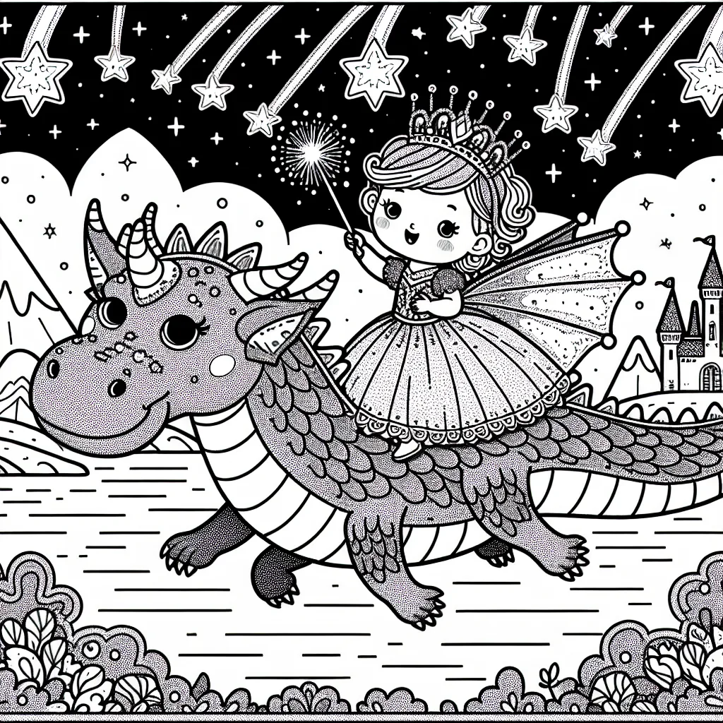 Il s'agit d'une scène fantastique où une petite fille courageuse chevauche un dragon aux écailles brillantes à travers le ciel étoilé. Elle porte une robe de princesse chatoyante et une couronne étincelante, et semble diriger le dragon avec sa baguette magique. Autour d'eux, des étoiles filantes traversent la nuit, tandis que sur terre, un paysage de montagnes lointaines et d'un château féerique s'étend.