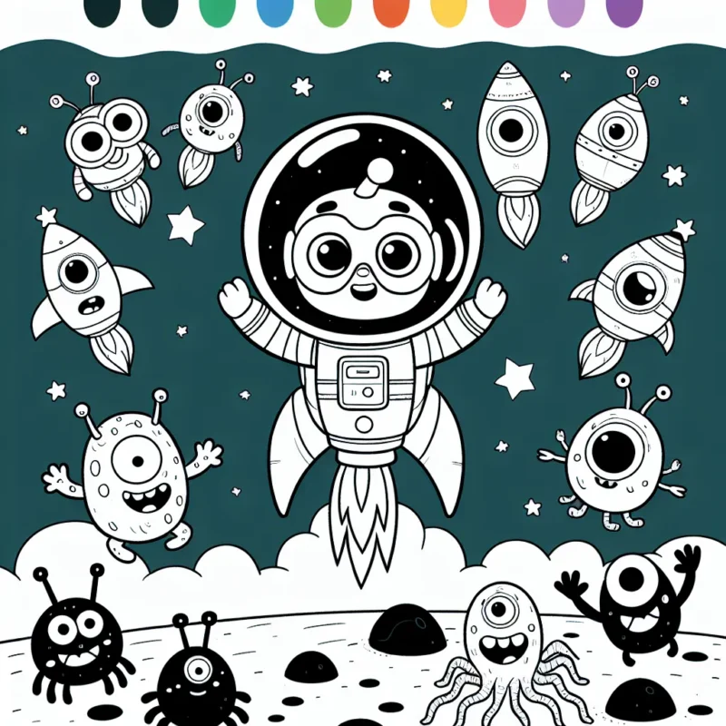 Dans cette image amusante, le petit astronaut Julien fait une compétition de course de fusées spatiales avec sa bande d'extraterrestres bizarres et drôles. Aidez Julien à éclabousser sa course avec vos couleurs vives !