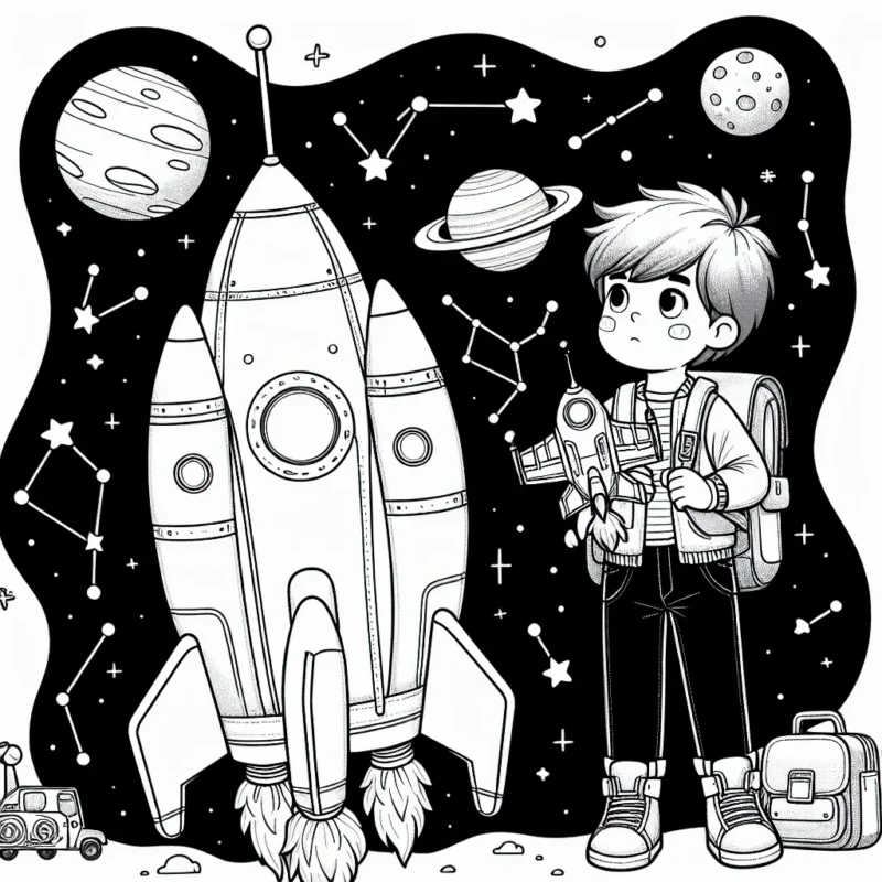 Un petit garçon, équipé de son sac à dos, maquette d'avion en main, se prépare à entrer dans une énorme fusée colorée prête à être lancée dans l'espace. Autour de lui sont dispersées des légendes scientifiques, constellations et planètes.