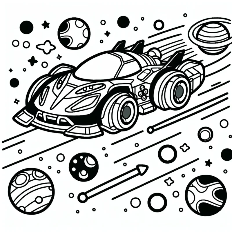 Dessine une voiture de course futuriste faisant la course dans l'espace avec des planètes colorées tout autour.