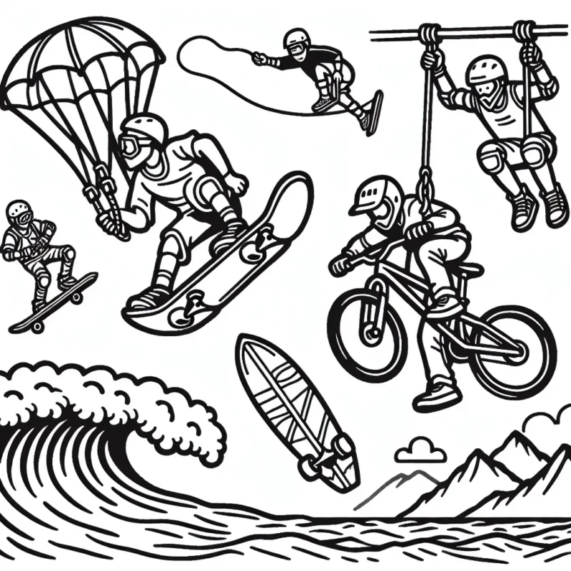 Imaginez une scène dynamique et exaltante de sports extrêmes, comprenant du skateboard, du BMX, du surf et du saut à l'élastique.