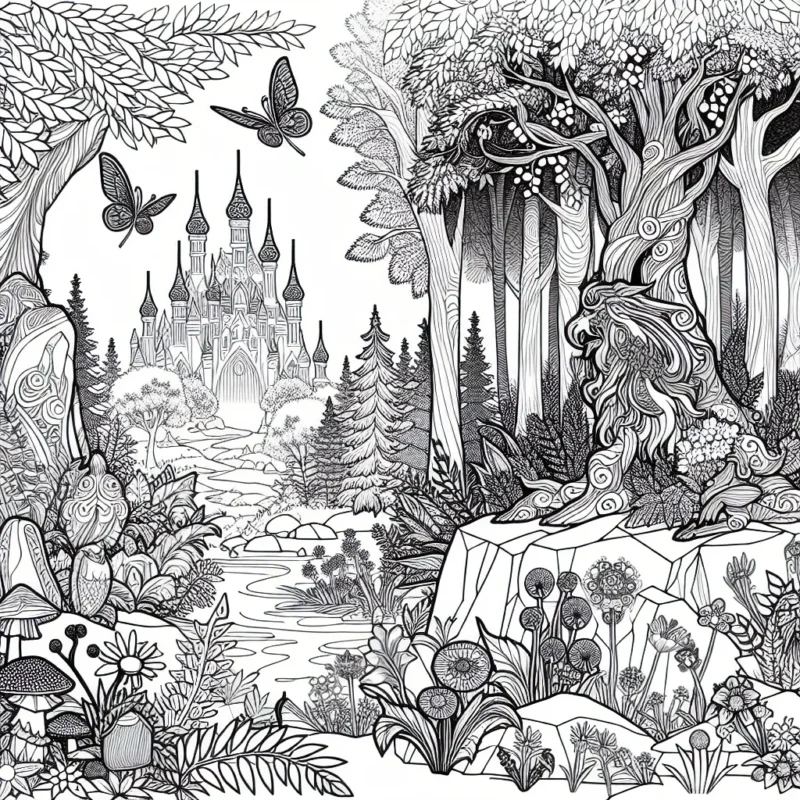 Un paysage d'une forêt enchantée avec des animaux magiques