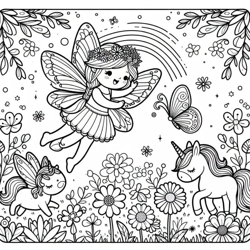 Une petite fée aux ailes lumineuses vole entre les fleurs colorées d'un jardin enchanté, un papillon à pois et une licorne à crinière arc-en-ciel la rejoignent dans sa danse aérienne. Dessinez cette scène et utilisez vos plus belles couleurs pour la faire vivre.