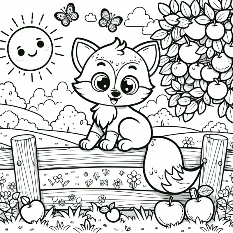 Dans cette scène animée, un petit renard espiègle est assis sur une clôture en bois dans un verger luxuriant. Passant de fruits juteux à des papillons colorés, il semble qu'il apprécie son petit univers. Le Soleil, beaucoup trop heureux, brille de tout son éclat dans le ciel.