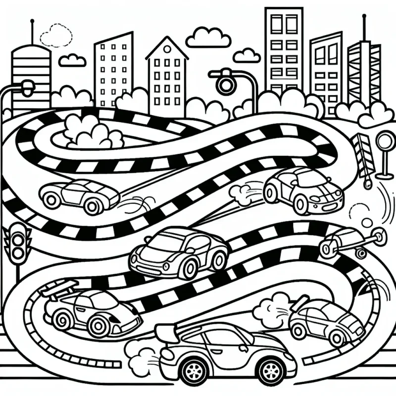 Imagine et colorie une course trépidante avec des voitures de différentes formes et tailles. N'oublie pas d'ajouter des détails comme les routes sinueuses, les feux de signalisation et les bâtiments environnants.