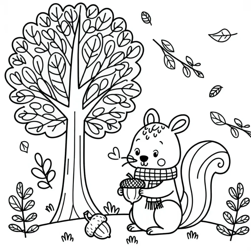 Un paysage d'automne avec un écureuil grignotant un gland sous un arbre roussi, enveloppé d'une écharpe multicolore