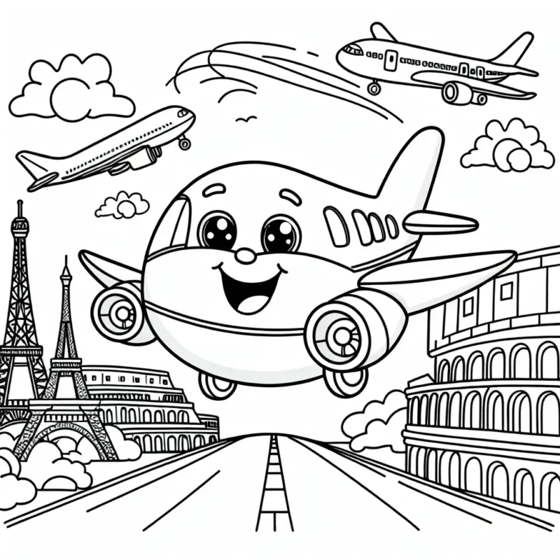 Un avion voyageant autour du monde, survolant différents monuments célèbres tels que la Tour Eiffel, le Colisée de Rome et la Statue de la Liberté. L'avion a un grand sourire qui encourage les enfants à imaginer qu'ils sont pilotes voyageant et explorant différents endroits passionnants.