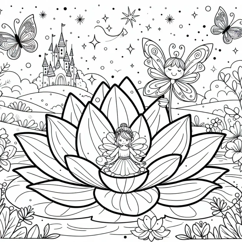 Dans un monde merveilleux de fées, une petite fille fée est assise sur une fleur de lotus géante. Elle est entourée de papillons scintillants avec un château magique dans le lointain.
