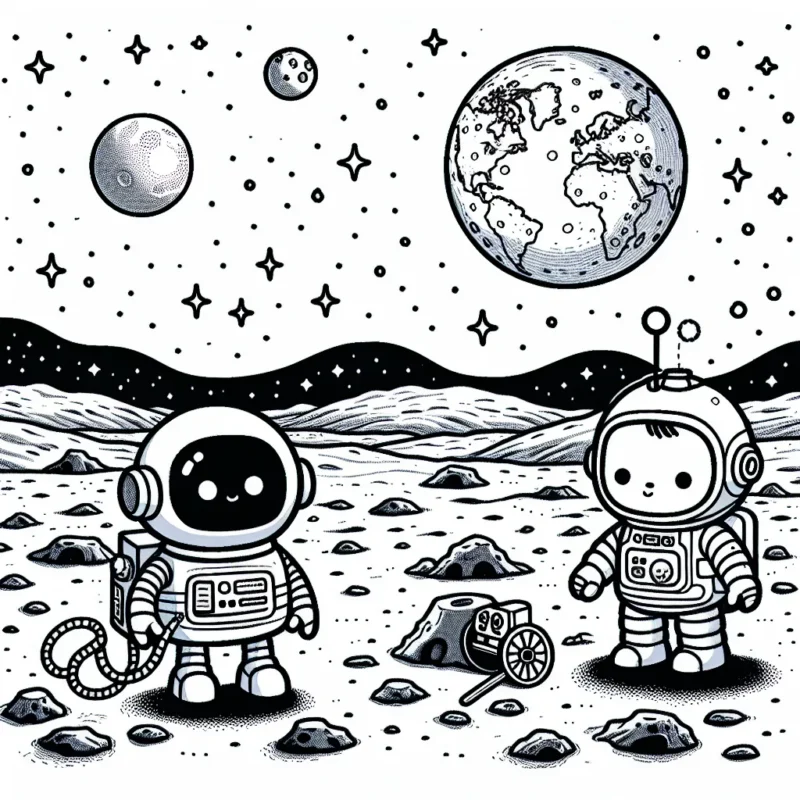 Dans cette scène, un petit astronaute curieux explore la lune. À ses côtés, son fidèle robot fait des mesures scientifiques. Au loin, la terre brille dans le ciel étoilé. Sous leurs pieds, la surface lunaire est parsemée de rochers et de cratères à colorier.