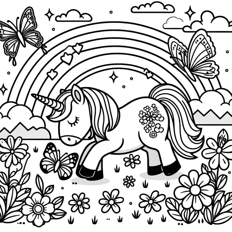 Une licorne jouant avec des papillons près d'un arc-en-ciel, entourée de fleurs magiques