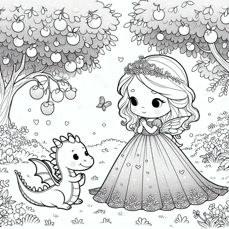 Une petite princesse dragon avec une longue robe brillante joue avec son dragon de compagnie dans un jardin féerique rempli d'arbres aux fruits sucrés