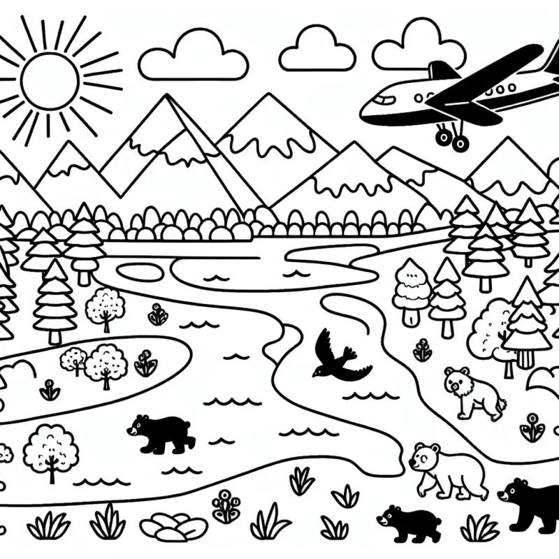 Crée un coloriage avec un avion volant au-dessus d'un paysage varié, comportant des montagnes, des arbres et un cours d'eau. Le dessin doit aussi inclure divers animaux, comme des ours et des oiseaux, qui habitent cette région.