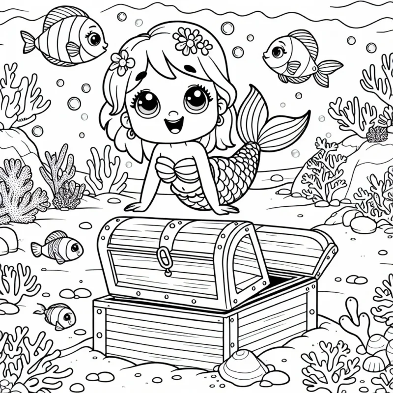Une petite sirène curieuse explore un trésor échoué au fond de l'océan, entourée de ses amis poissons colorés et de magnifiques coraux.