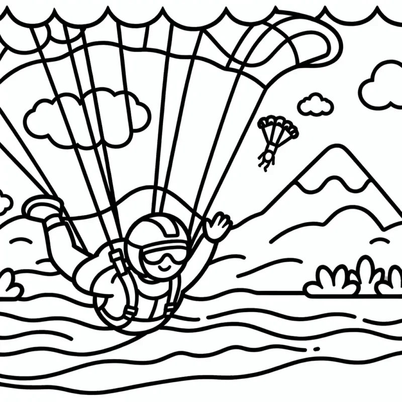 Un parachutiste plongeant dans les airs avec une montagne et un océan en arrière-plan.