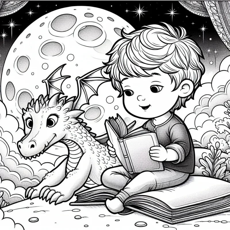 Un petit garçon chevauche un dragon feuilletant un livre de contes sur un fond de paysage enchanté lunaire.