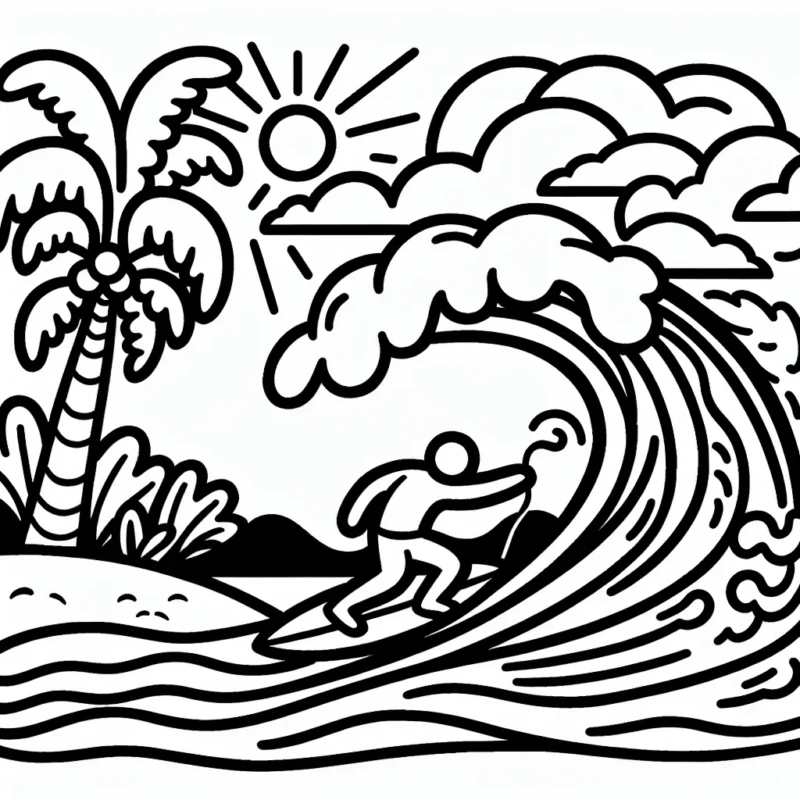 Dessine un surfeur se préparant à affronter une grande vague bleue sous un ciel ensoleillé, avec des palmiers en arrière-plan.