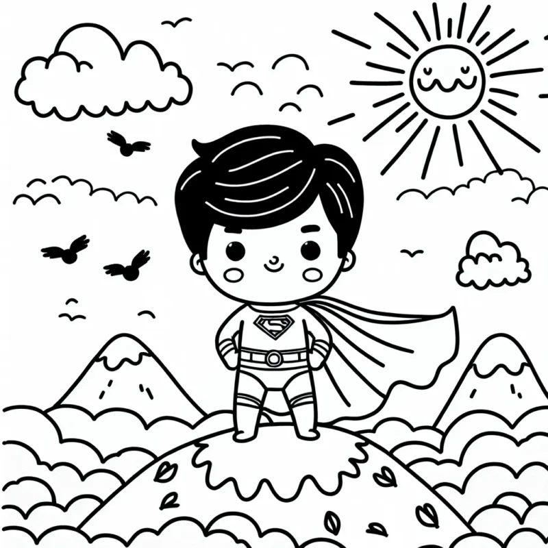 Un petit garçon vêtu de sa tenue de super-héros préférée, debout au sommet d'une montagne avec une cape ondulant au vent, entouré de nuages, de soleil et d'oiseaux volants.