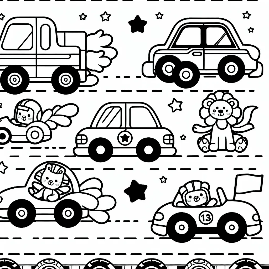 Dessine une course de voitures colorées avec des animaux comme conducteurs