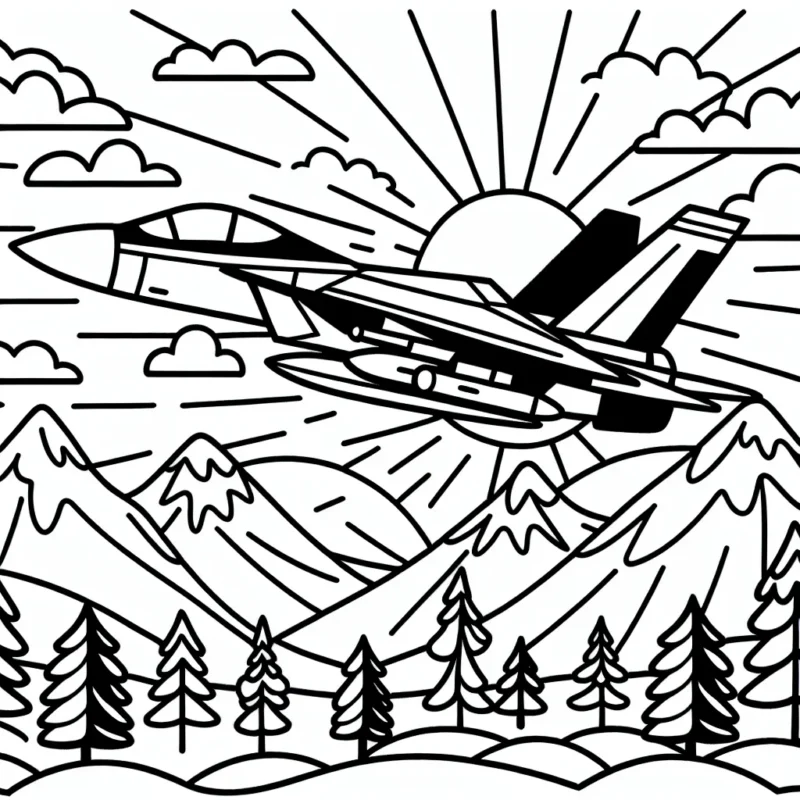 Colorie un avion de chasse volant au-dessus des montagnes, avec un soleil couchant en arrière-plan.
