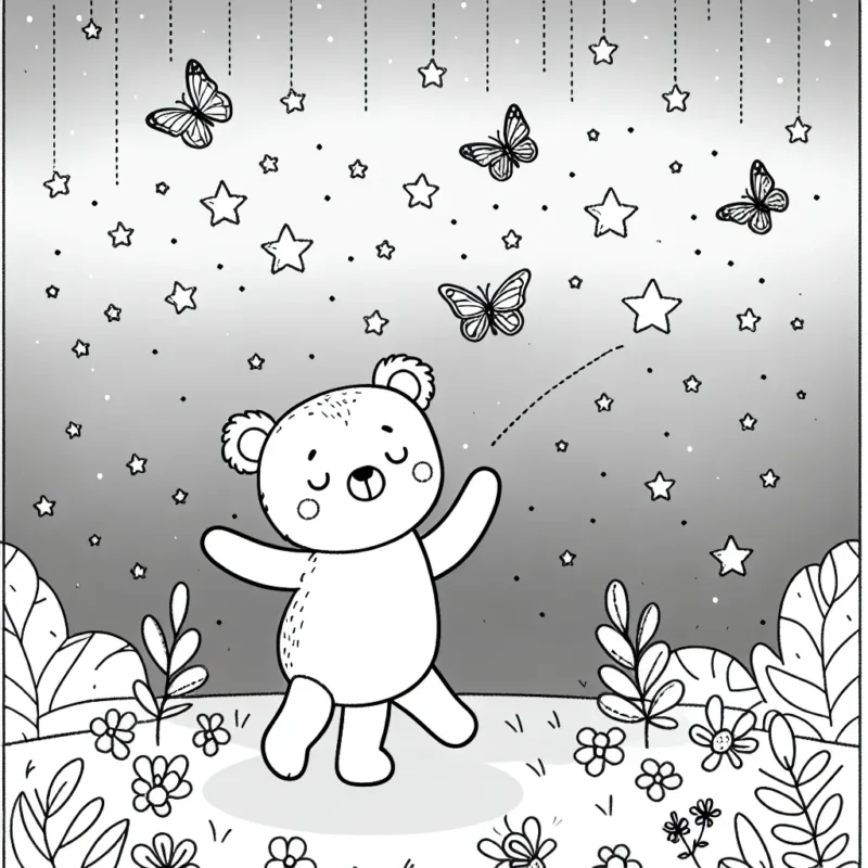 Dessinez un ourson dansant sous une pluie d'étoiles filantes avec des papillons lumineux.