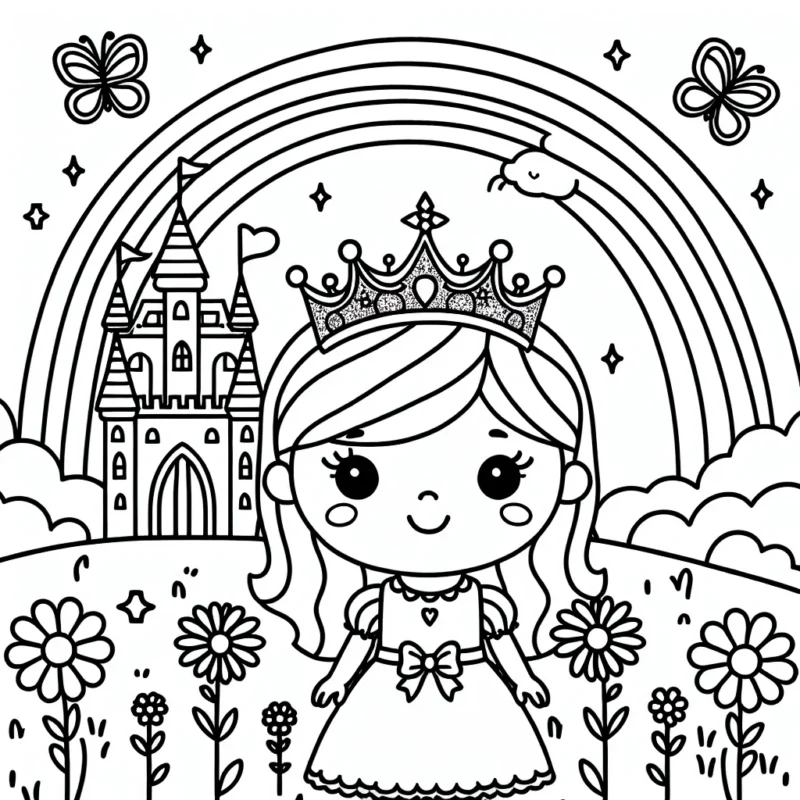 Une petite princesse avec sa couronne scintillante se tient devant un majestueux château rose. Un arc-en-ciel coloré s'étend au-dessus d'elle et un champ de fleurs s'étale à ses pieds. Des papillons joyeux volettent autour d'elle, ajoutant de la vie à la scène.