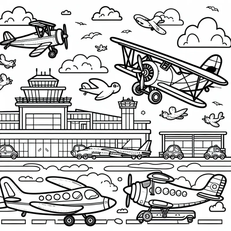 Une scène animée d'un terrain d'aviation avec plusieurs types d'avions