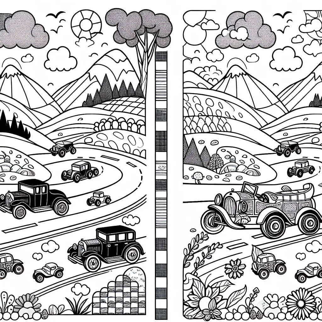 Dessine une course palpitante de voitures anciennes sur une route sinueuse en montagne. Place les voitures de différentes formes et tailles sur la route. Pense à inclure une variété de paysages naturels, comme des arbres, des fleurs et des rochers. Assure-toi également d'incorporer des éléments comme des nuages, le soleil ou la lune et des oiseaux dans le ciel. Ajoute une variété de motifs sur les voitures pour plus de détails et d'amusement.