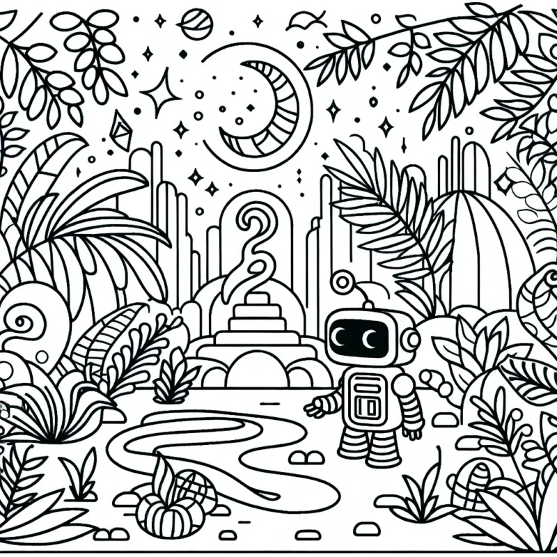 Un petit robot curieux explorant une jungle mystique pleine de plantes et d'animaux exotiques