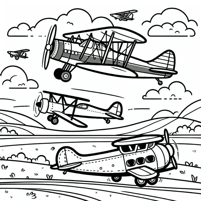 Un trio d'avions volant au-dessus de la campagne vallonnée, un biplan, un jet rapide et un avion cargo volumineux.
