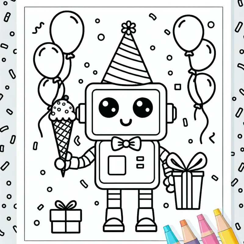 Un robot sympathique avec un chapeau de fête, entouré de confettis et de ballons de couleurs, tient une grosse glace dans une main et un cadeau dans l'autre