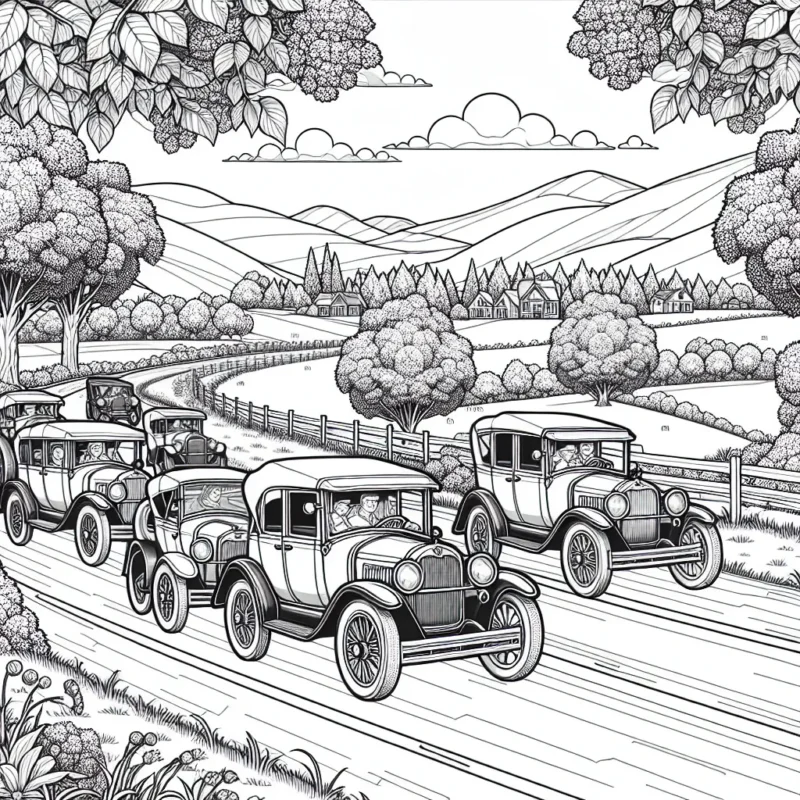 Un défilement glamour de voitures classiques détaillées sur une vieille route de campagne, entouré d'arbres et de paysages pittoresques.