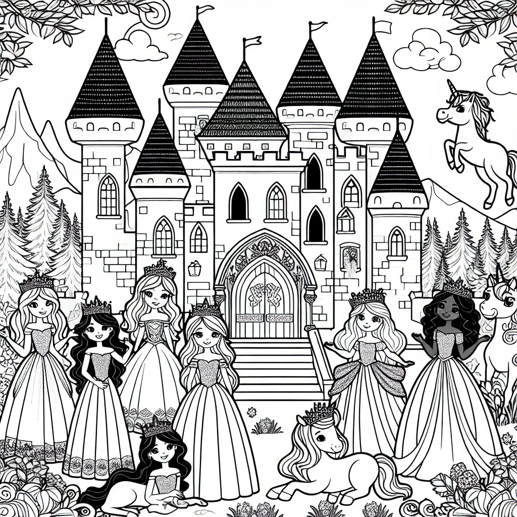 De jolies princesses séjournent dans un grand château magique avec des licornes et une forêt enchantée encerclant le château.