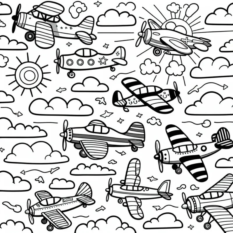 Un escadron d'avions remplissant le ciel d'une journée ensoleillée, avec des nuages ​​soyeuses parsemant l'horizon. Chaque avion a une taille, un type et des décors uniques qui permettront aux enfants de se délecter de la richesse des détails à colorer.