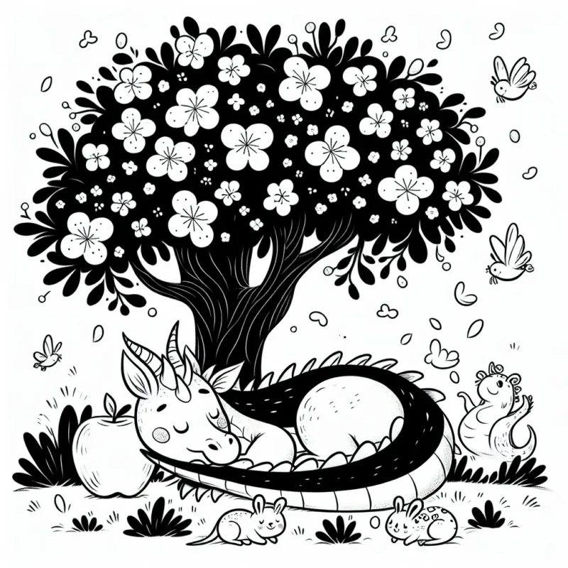 Dessinez un dragon endormi sous un pommier en fleurs, entouré de petits animaux.