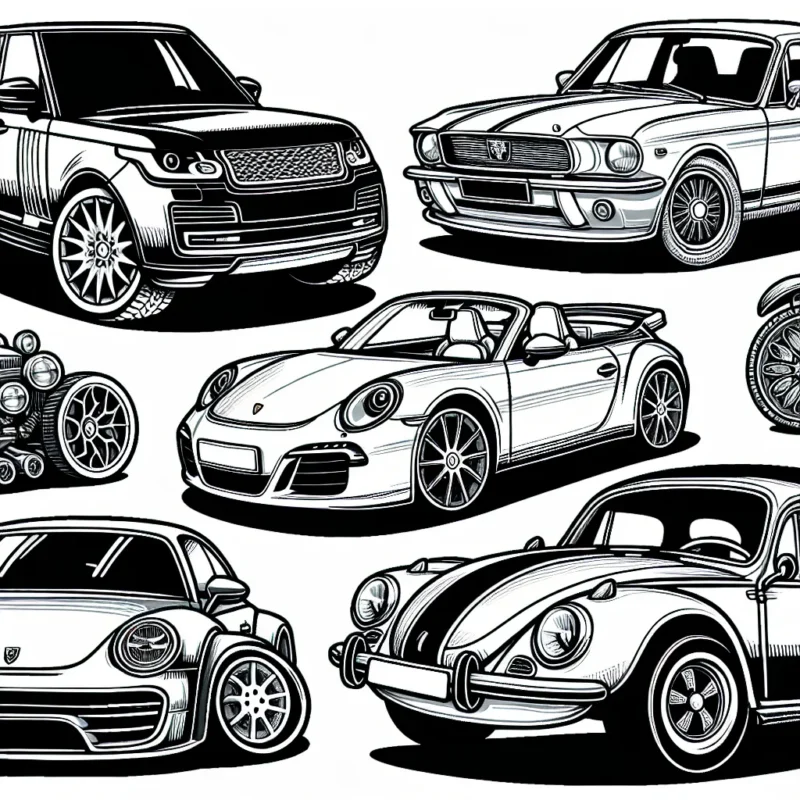 Imaginez une page de coloriage pour les enfants qui présente différentes marques de voitures, dont une Range Rover détaillée, une sportive Porsche élégante, une puissante Mustang, une classique VW Beetle et une majestueuse Rolls Royce. Chacune de ces voitures sera présentée avec des détails précis selon leur modèle spécifique, parfait pour les petits passionnés de voitures!