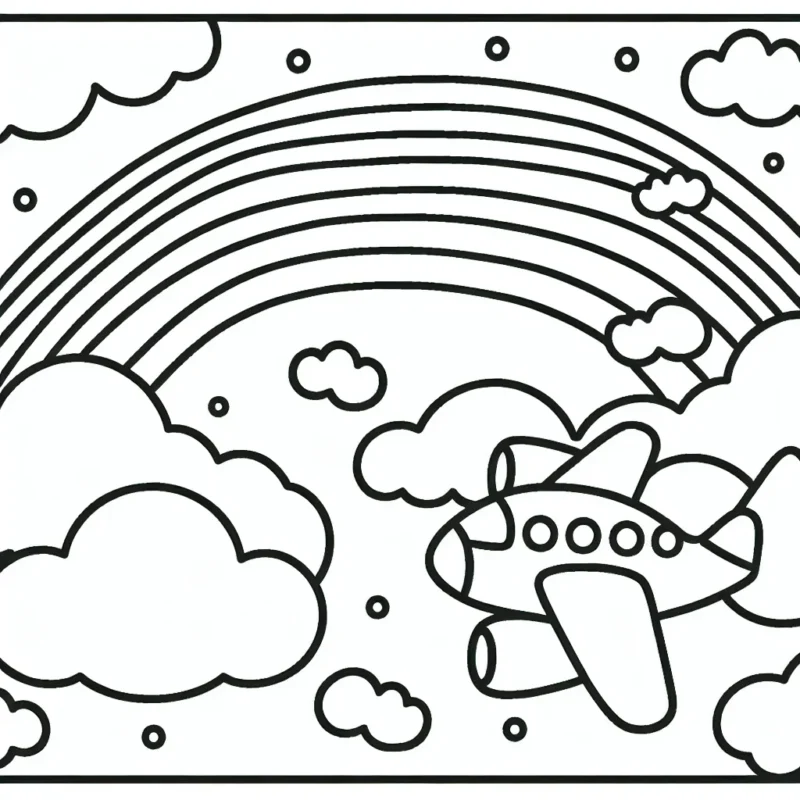 Dessine un avion au-dessus des nuages avec un arc-en-ciel derrière lui.