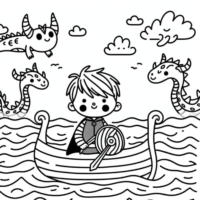 Un petit garçon viking naviguant sur une grande mer avec des dragons amicaux autour de lui