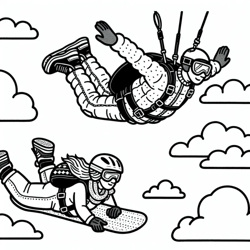 Un tandem de parachutistes plongeant dans le ciel bleu, entouré de nuages blancs flottants. L'un des parachutistes est également un snowboarder habillé avec du matériel de snowboard, tenant son snowboard. L'autre parapentiste porte du matériel d'escalade, comme si elle venait d'une aventure d'escalade montagneuse.