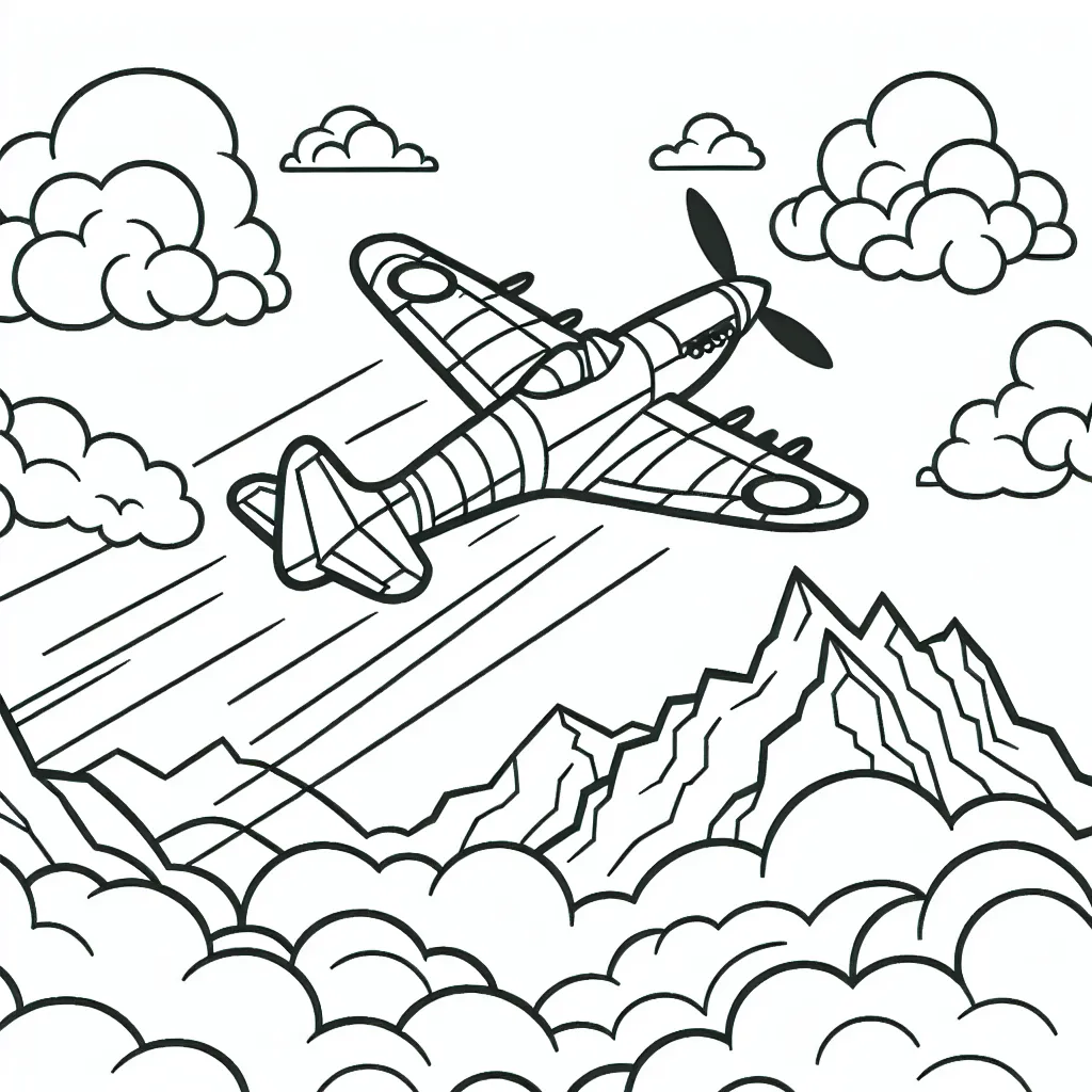 Dessine un avion de chasse volant à travers les nuages avec des montagnes en arrière-plan.