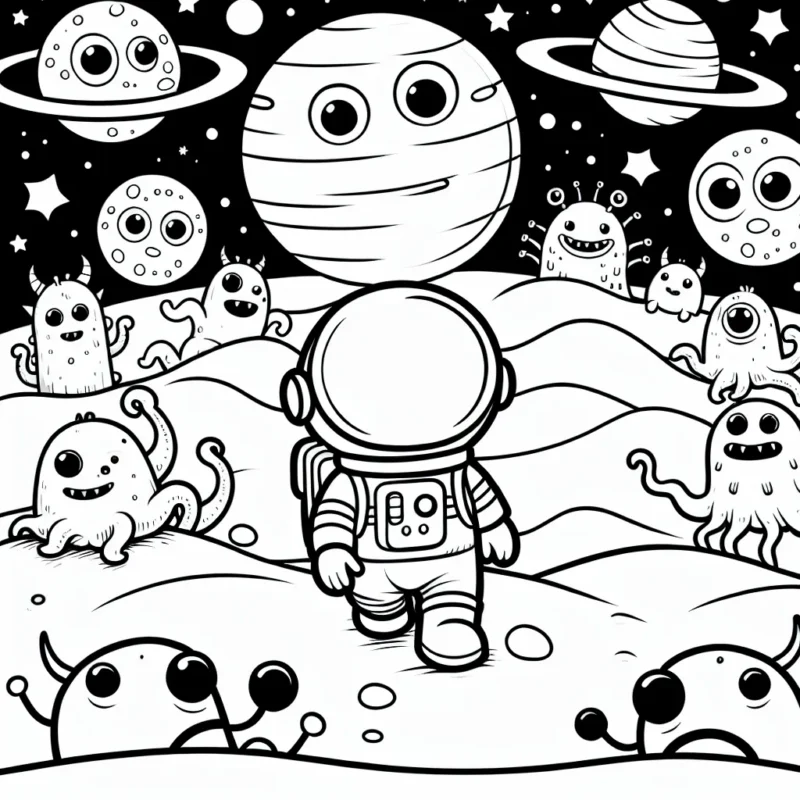 Image d'un petit astronaute en train de découvrir une planète extraterrestre peuplée de gentils monstres