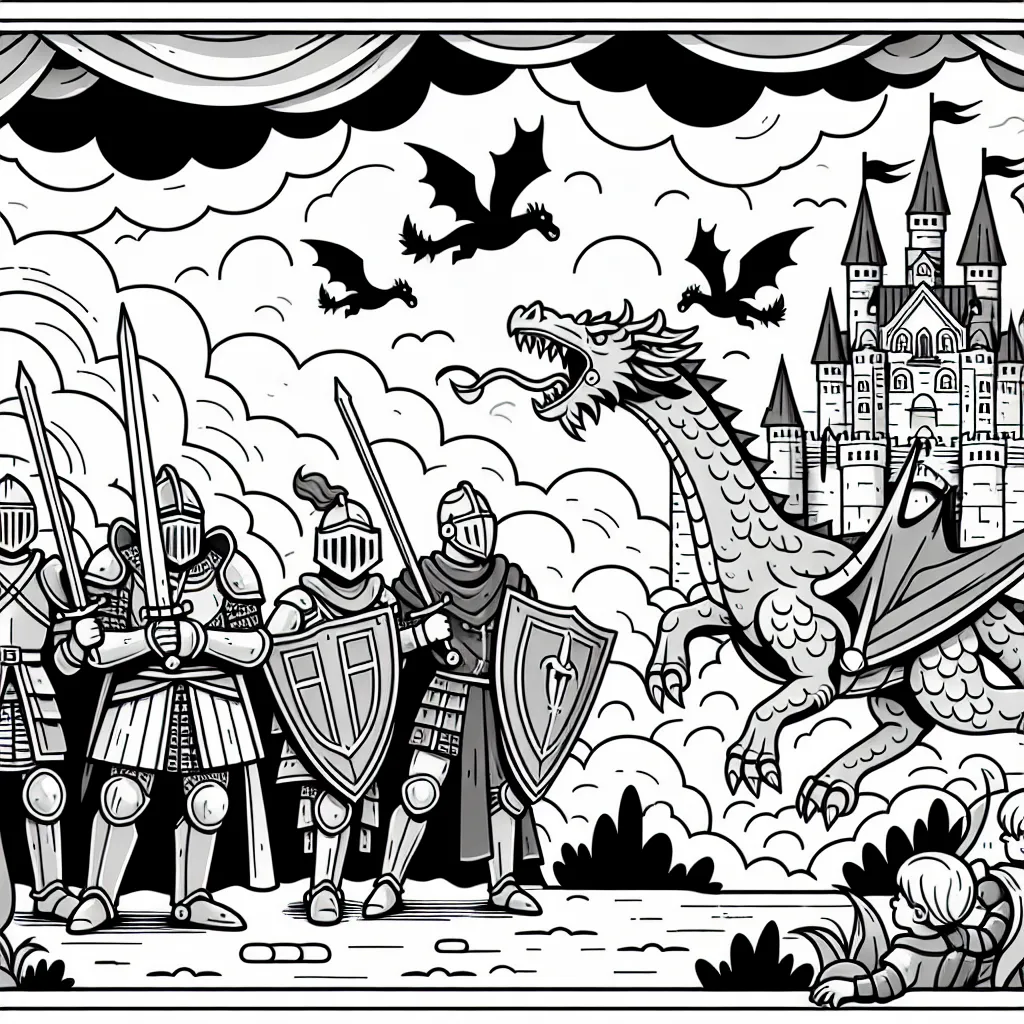 Une scène épique de chevaliers dans un château médiéval prêts à défendre leur royaume contre un dragon cracheur de feu.