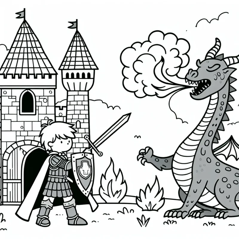 Un chevalier courageux protège son château contre un dragon cracheur de feu