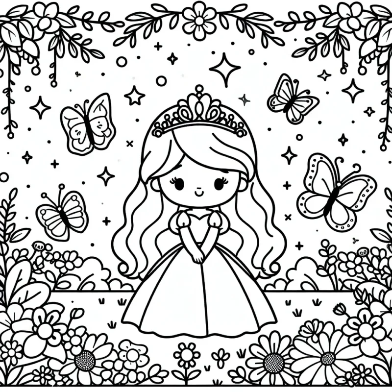 Dessine une belle princesse dans un jardin enchanté rempli de papillons colorés et de fleurs étincelantes.