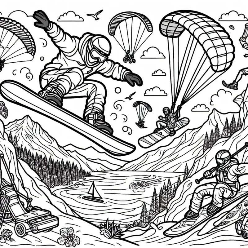 Dans ce dessin, on peut voir une scène rythmée de différents sports extrêmes. Sur une montagne enneigée, un snowboardeur, avec ses protections et son équipement coloré, saute d'une rampe. Dans le ciel bleu, un parapentiste fait des acrobaties aériennes tandis qu'un grimpeur escalade une falaise abrupte. Dans l'eau claire d'un lac, un surfeur surfe sur une vague gigantesque. Dessinez et colorez tous ces éléments en utilisant différentes couleurs.